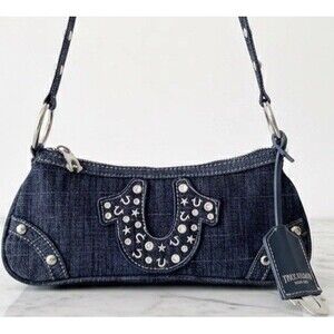 True Religion Denim Mini Tote Bag NWT Blue Crystal Horseshoe Logo Y2K Hobo Purse